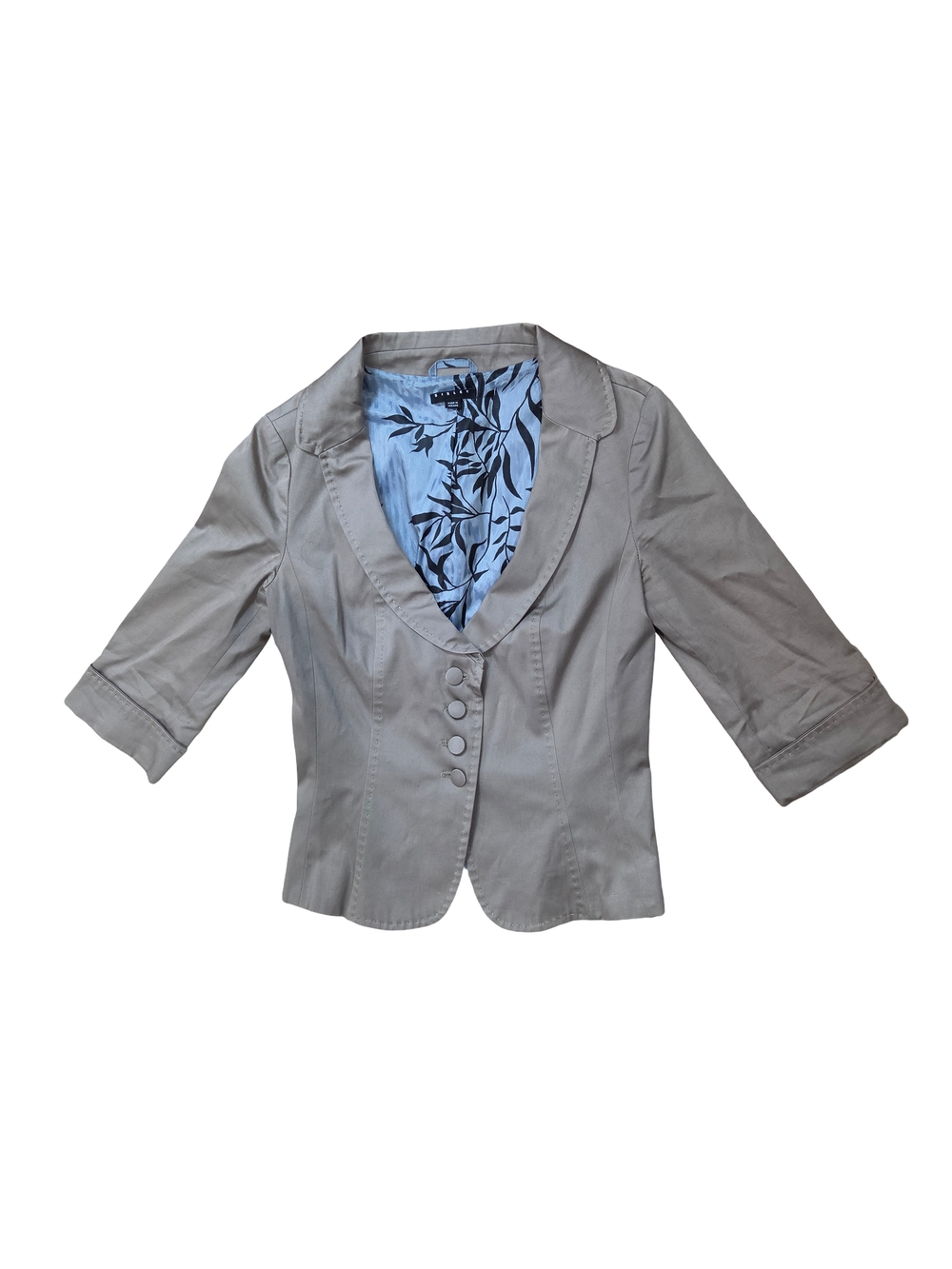 Sisley Light Gray Cropped Blazer with Patterned Blue Lining